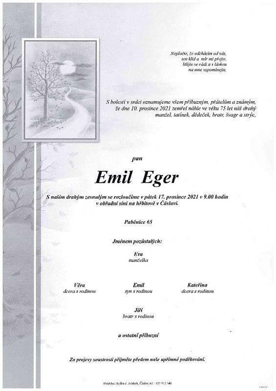 Smuteční oznámení: Emil Eger.