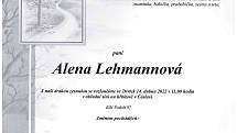 Smuteční oznámení: Alena Lehmannová.