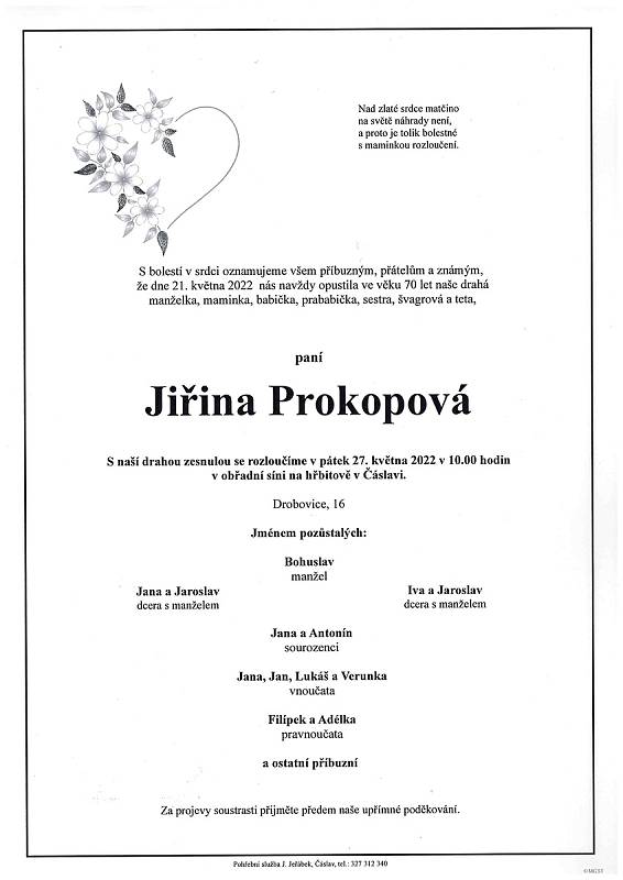Smuteční oznámení: Jiřina Prokopová.