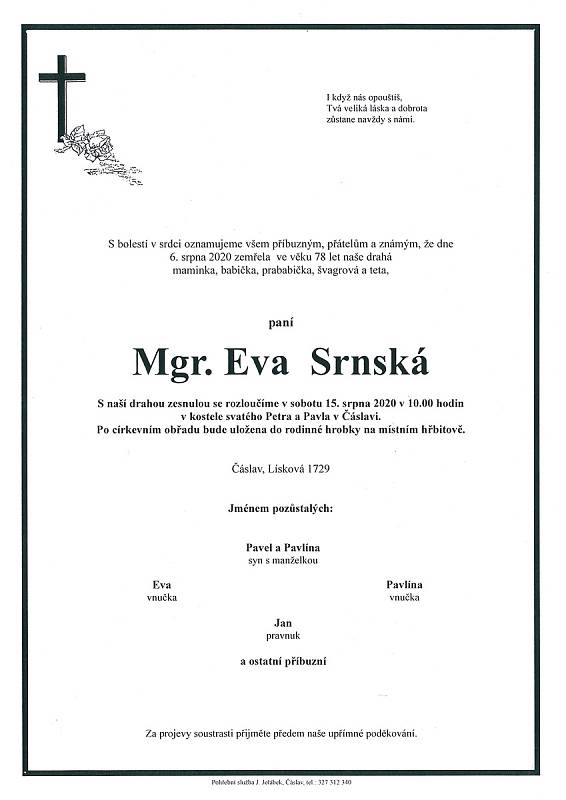 Smuteční parte: Mgr. Eva Srnská.