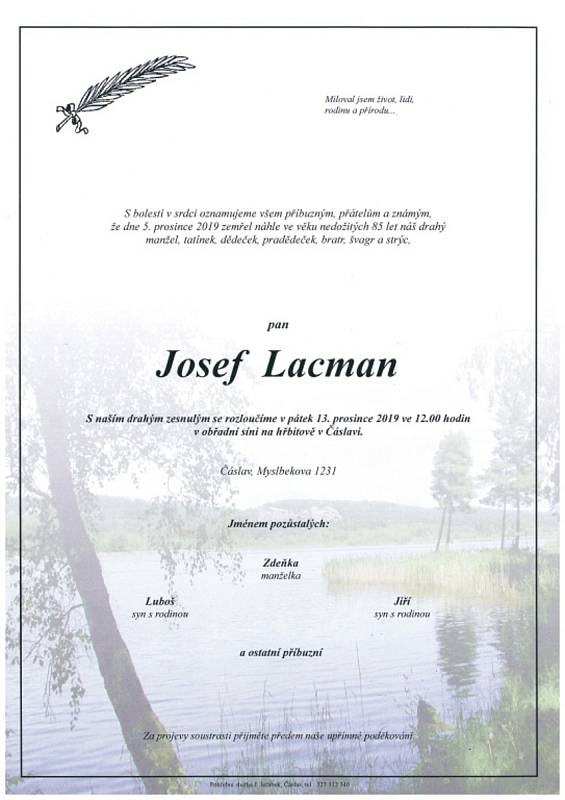 Smuteční parte: Josef Lacman.