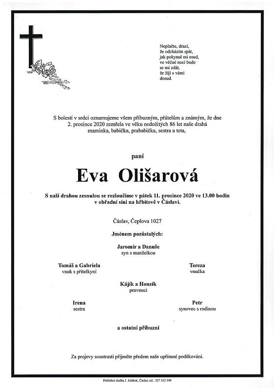 Smuteční parte: Eva Olišarová.
