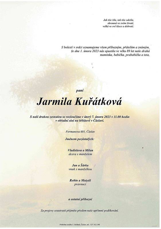 Smuteční oznámení: Jarmila Kuřátková.