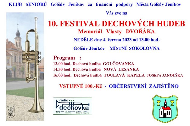 Pozvánka na desátý ročník Festivalu dechových hudeb v sokolovně v Golčově Jeníkově.