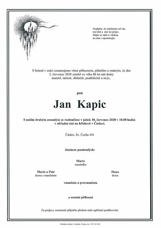 Smuteční parte: Jan Kapic