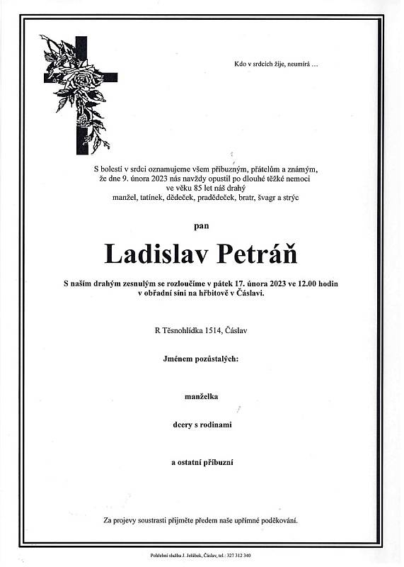 Smuteční oznámení: Ladislav Petráň.