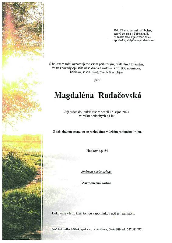 Smuteční oznámení: Magdaléna Radačovská.