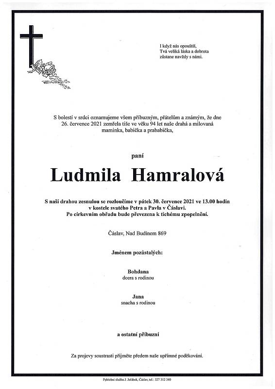 Smuteční oznámení: Ludmila Hamralová.