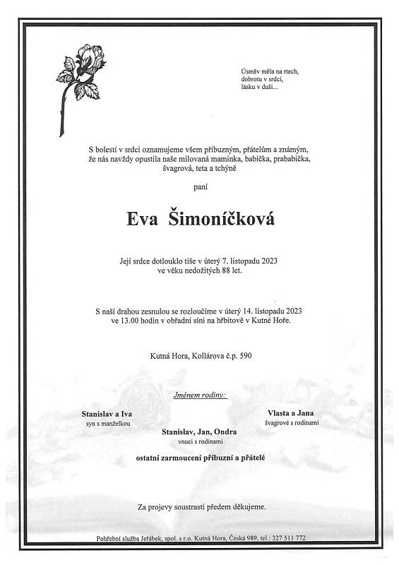 Smuteční oznámení: Eva Šimoníčková.