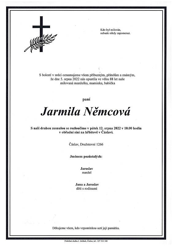 Smuteční oznámení: Jarmila Němcová.
