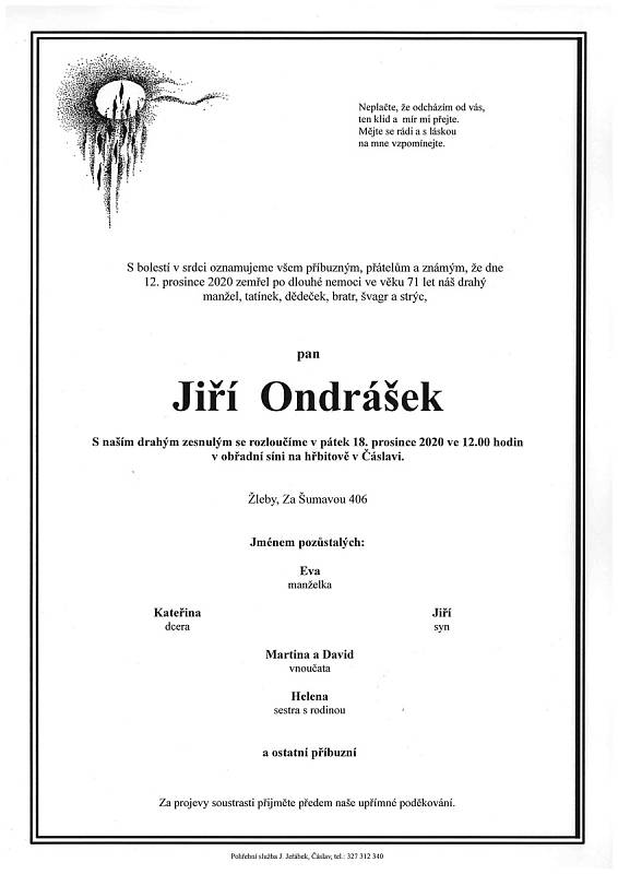 Smuteční parte: Jiří Ondrášek.