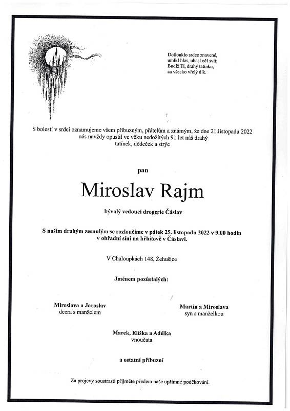 Smuteční oznámení: Miroslav Rajm.