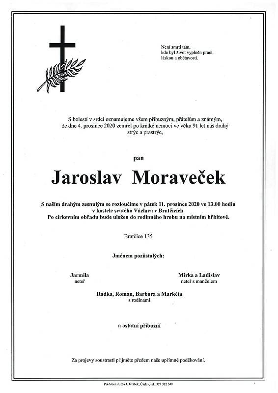 Smuteční parte: Jaroslav Moraveček.