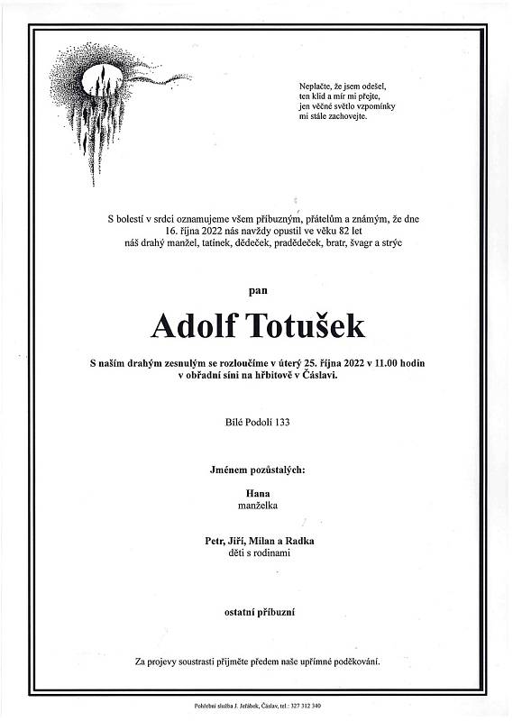 Smuteční oznámení: Adolf Totušek.