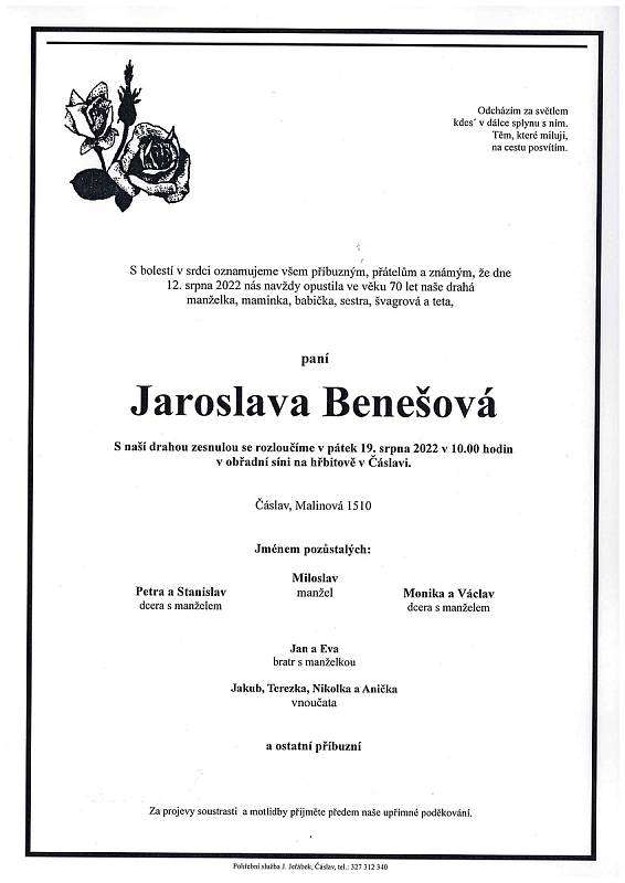 Smuteční oznámení: Jaroslava Benešová