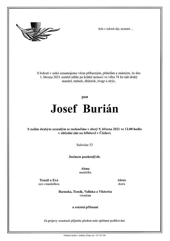 Smuteční oznámení: Josef Burián.