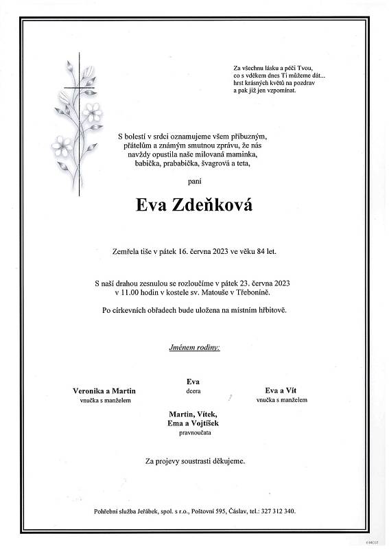 Smuteční oznámení: Eva Zdeňková.