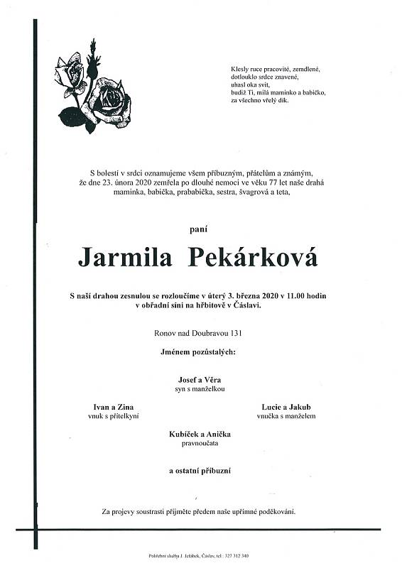 Smuteční parte: Jarmila Pekárková.