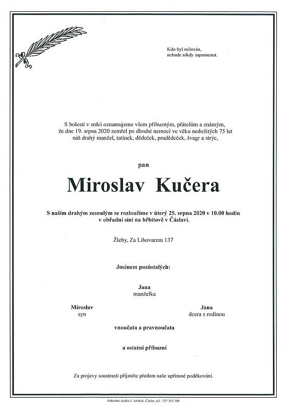 Smuteční parte: Miroslav Kučera.