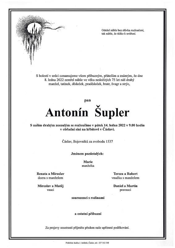 Smuteční oznámení: Antonín Šupler.