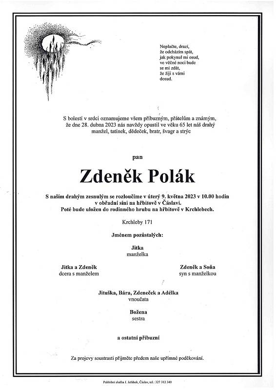 Smuteční oznámení: Zdeněk Polák.