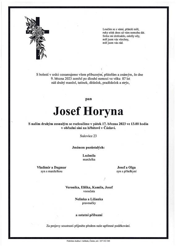 Smuteční oznámení: Josef Horyna.
