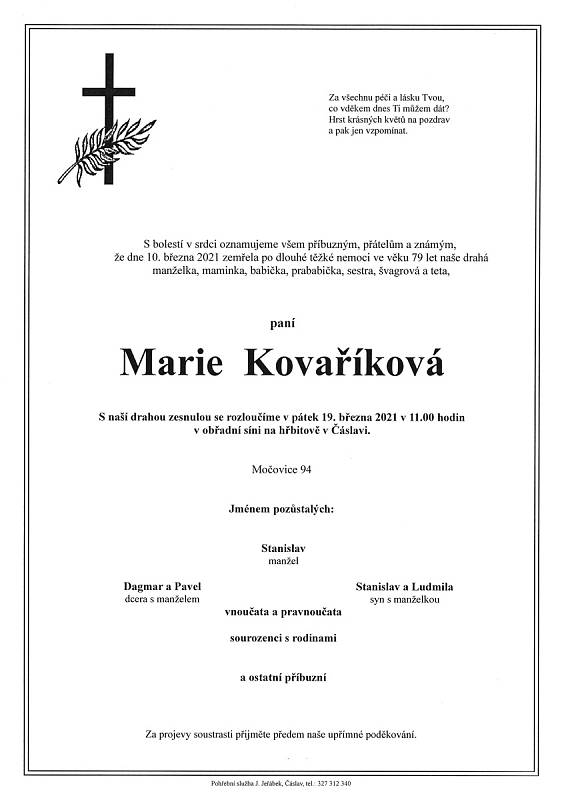 Smuteční oznámení: Marie Kovaříková.