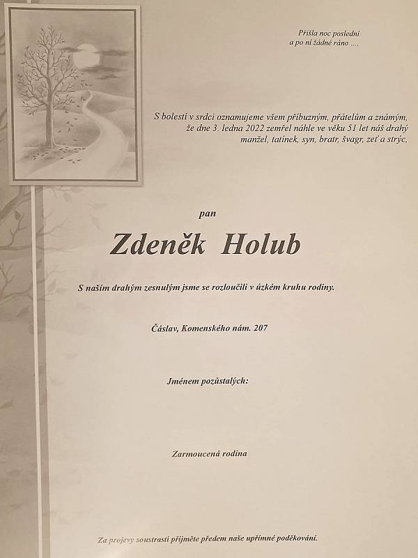 Smuteční oznámení: Zdeněk Holub.