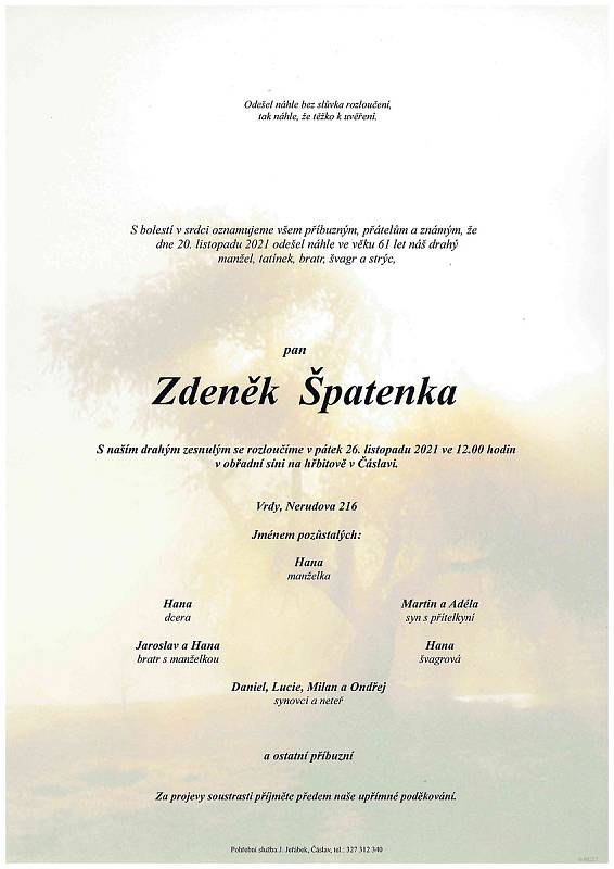 Smuteční oznámení: Zdeněk Špatenka.