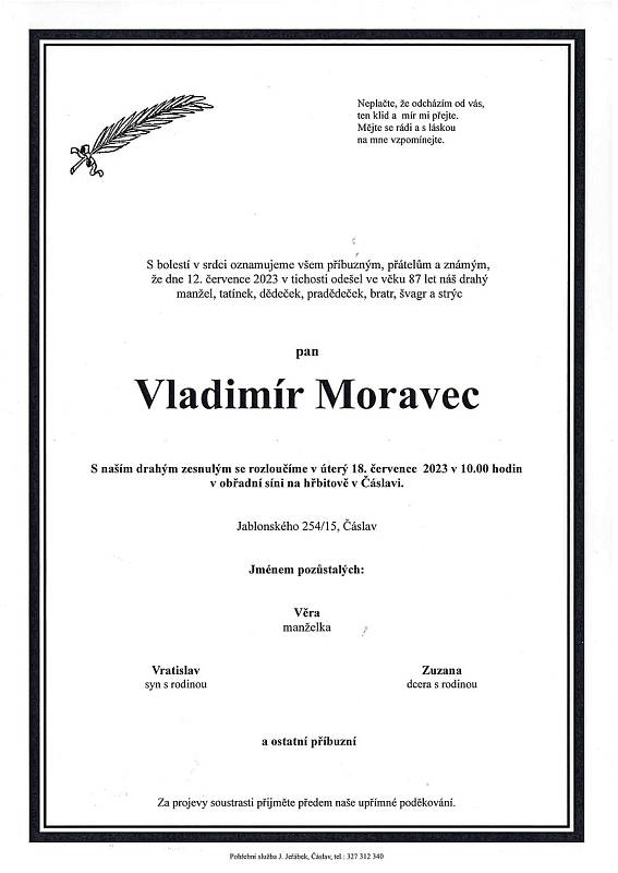 Smuteční oznámení: Vladimír Moravec.