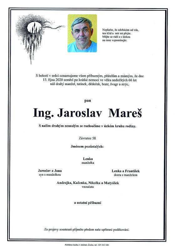 Smuteční parte: Ing. Jaroslav Mareš.