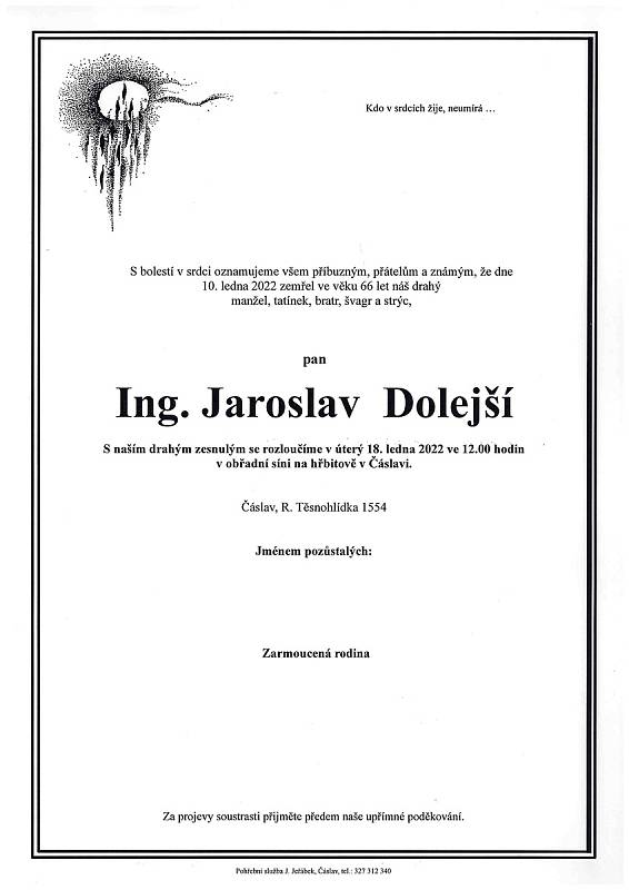 Smuteční oznámení: Ing. Jaroslav Dolejší.