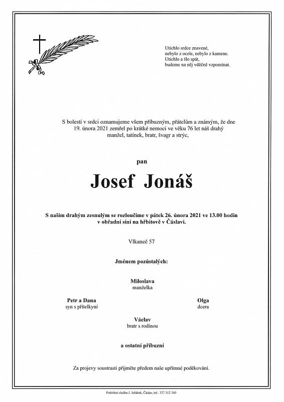 Smuteční parte: Josef Jonáš.