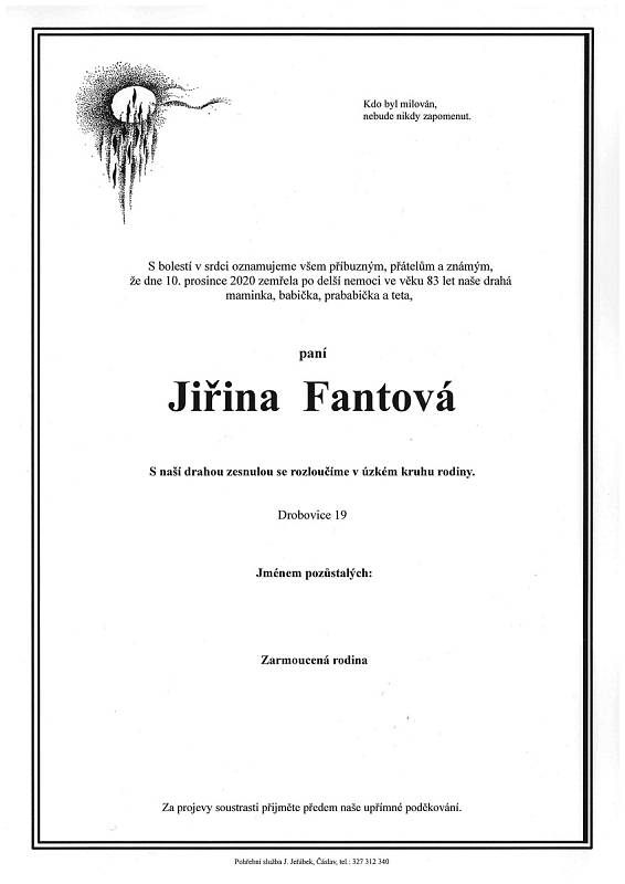 Smuteční parte: Jiřina Fantová.