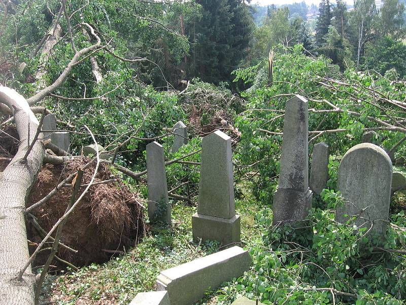 Následky větrné smrště na židovském hřbitově ve Zbraslavicích.