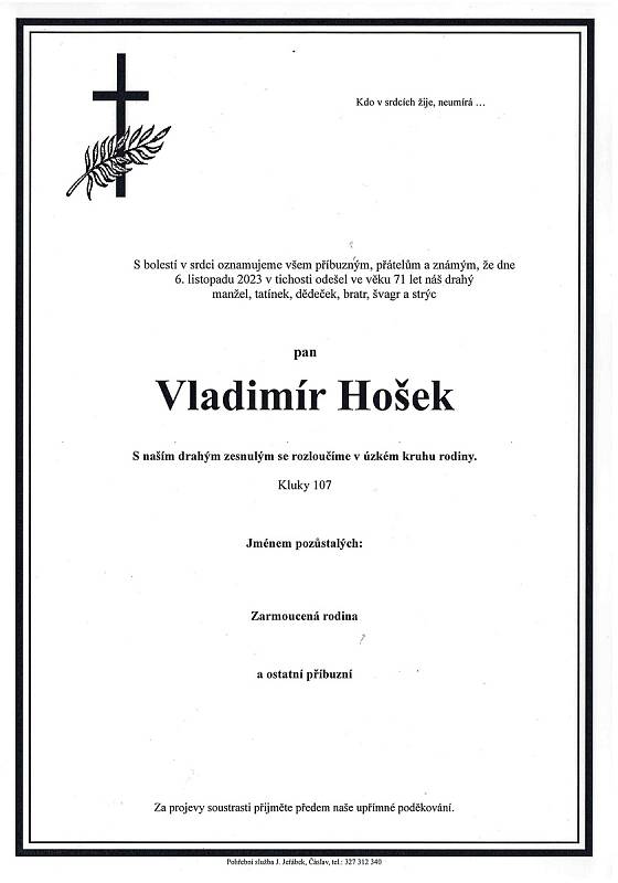 Smuteční oznámení: Vladimír Hošek.