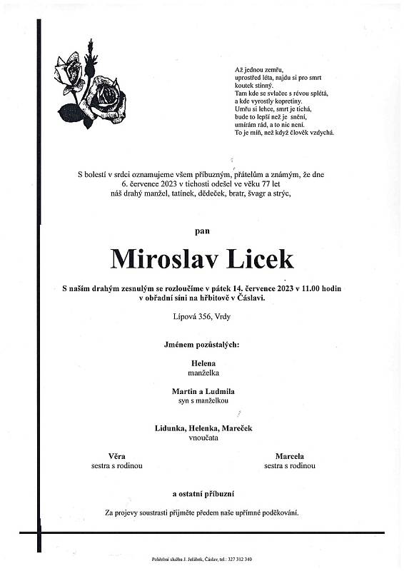 Smuteční oznámení: Miroslav Licek.
