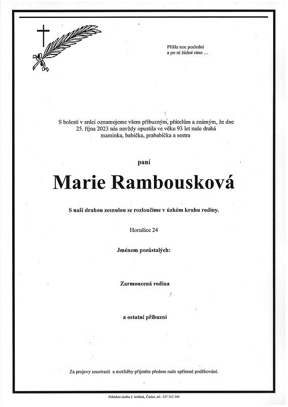 Smuteční oznámení: Marie Rambousková.