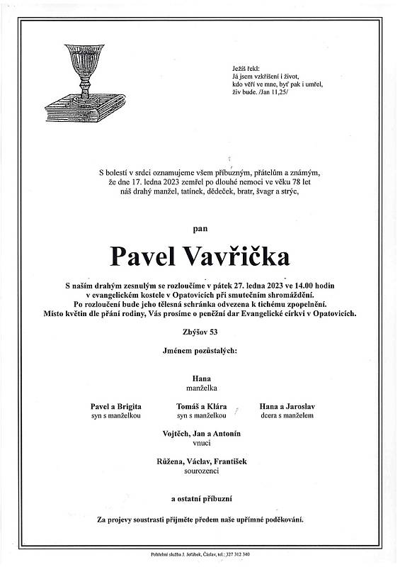 Smuteční oznámení: Pavel Vavřička.