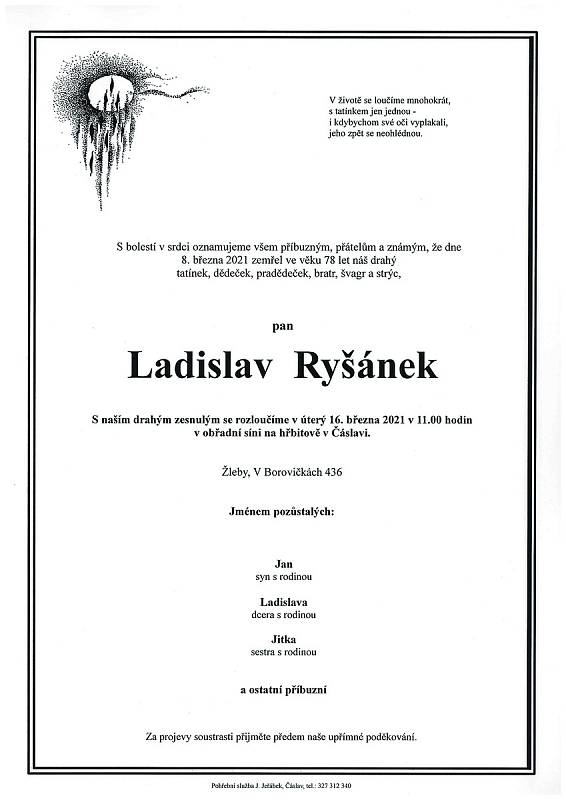 Smuteční oznámení: Ladislav Ryšánek.