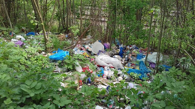 Odpadky u kolejí v Liberci, před úklidem v květnu 2022.