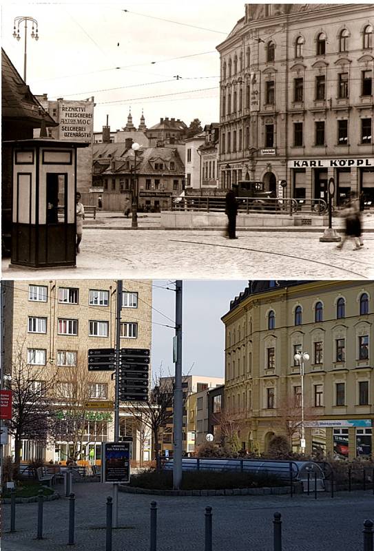 Srovnávací fotografie: Soukenné náměstí v roce 1931 a v roce 2021.