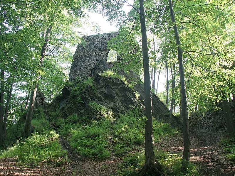 Zřícenina hradu Hamrštejn. Zbytky nejstarší stavby na území dnešního města Liberce chátrají. 