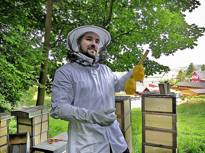 Eduard Seibert ukazuje, jak vznikají svítidla z včelího vosku.