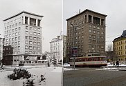 Srovnávací fotografie: Soukenné náměstí v 60. letech 20. století a v roce 2021.