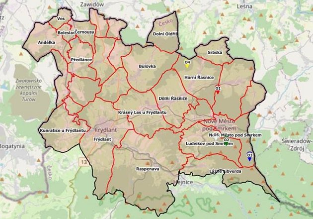 Mapa s nálezy pozitivních prasat divokých na Frýdlantsku.