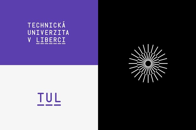 Kompletní český výpis názvu, zkratka TUL a doplňkový symbol Ještědu.