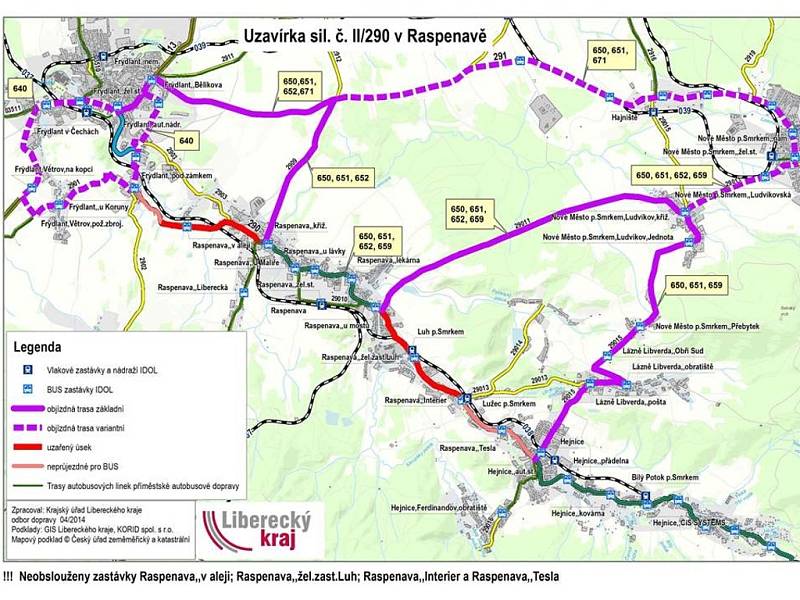 POMŮCKA NA PŘÍŠTÍCH PĚT MĚSÍCŮ. Mapka zobrazuje informace pro řidiče i cestující. Červená barva značí úplně uzavřené úseky silnice, fialová objízdné trasy. 