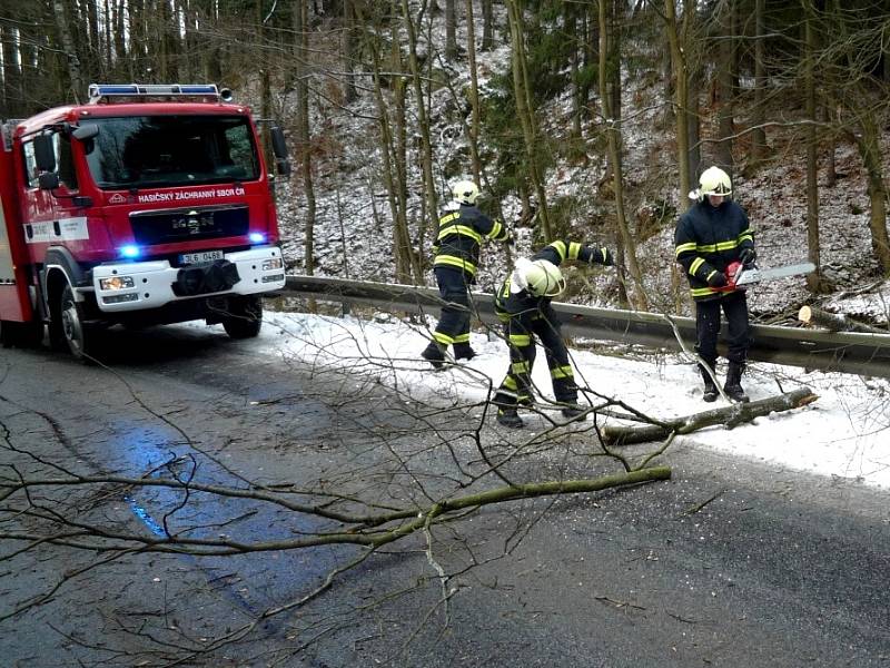 Hasiči odstraňují spadlý strom. Ilustrační foto. Větrná smršť.