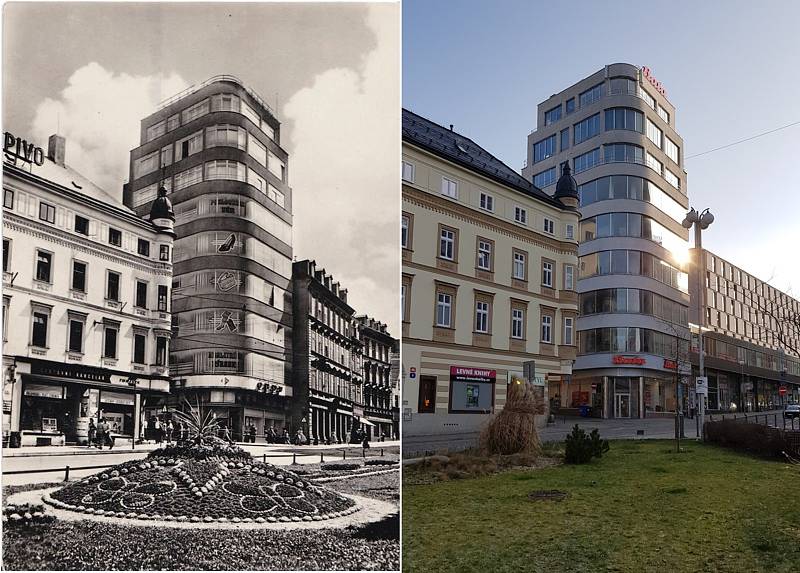 Dům Baťa na Soukenném náměstí v Liberci na historické fotografii (vlevo) a dnes